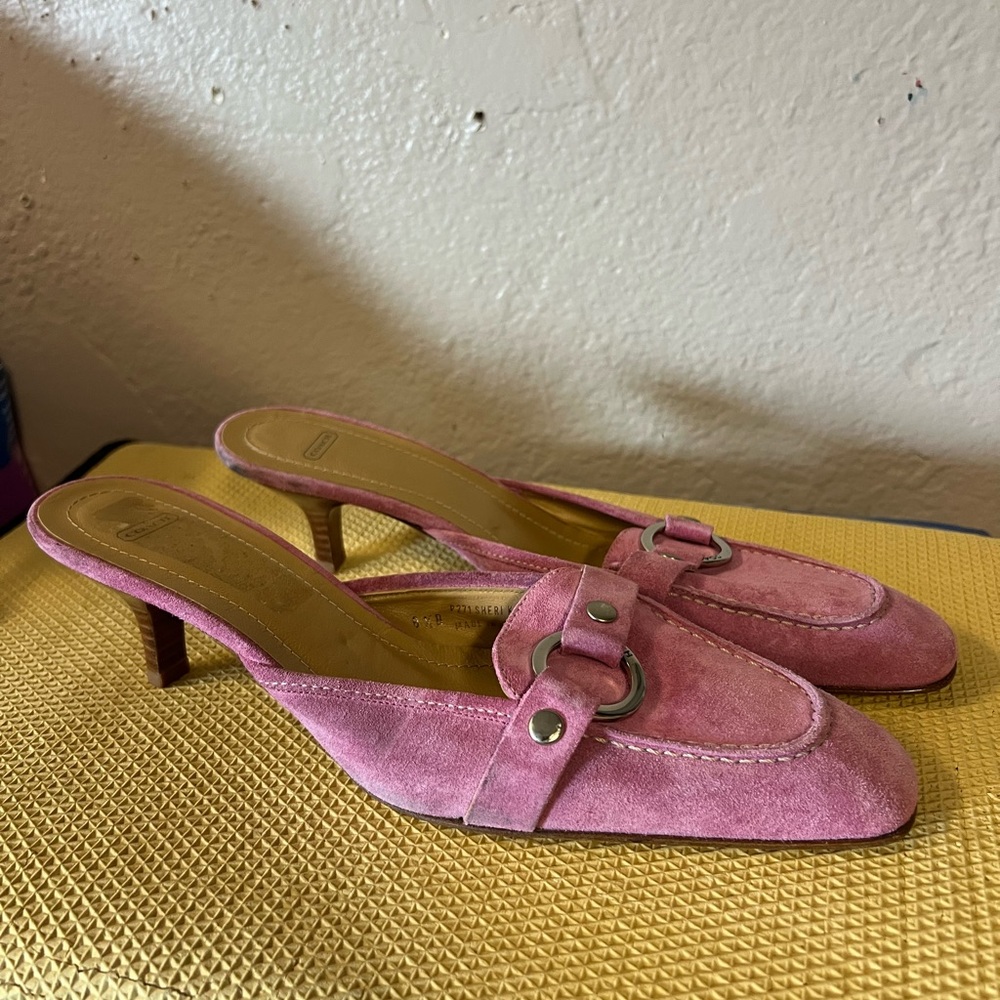 Coach Pink Suede Mules with Buckle Detail